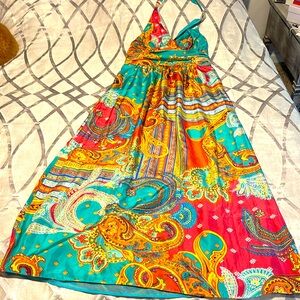 Beautiful multicolor CACHE silk dress size 12 with beautiful silk belt